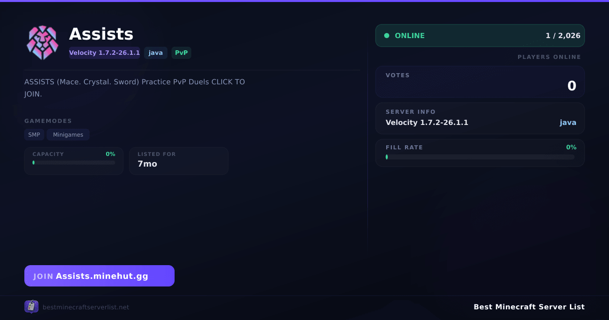 Assists - Server IP, Reviews and Vote Link | Best Minecraft Server List