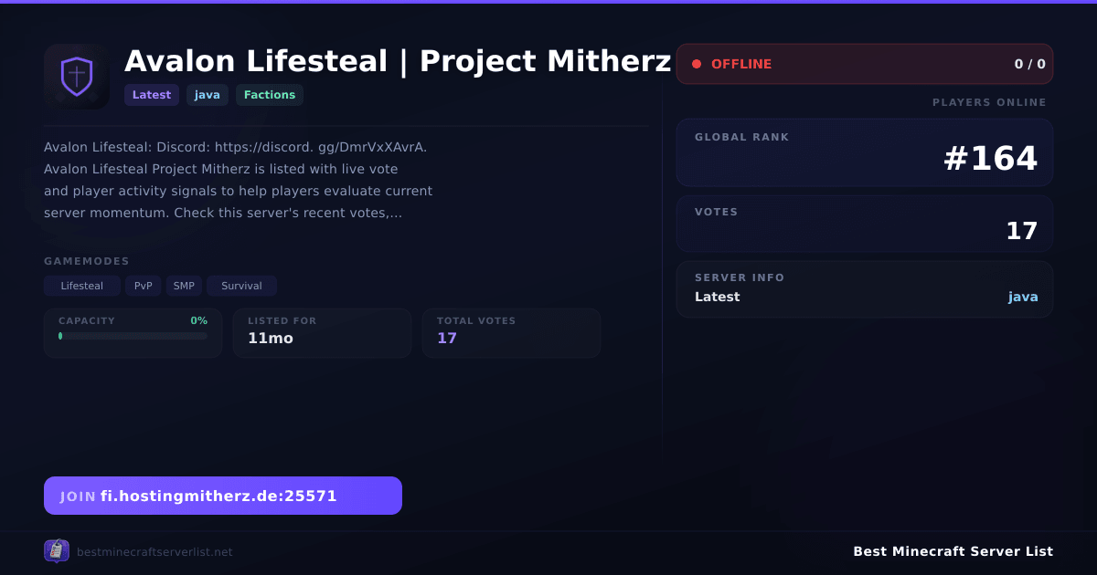 Avalon Lifesteal | Project Mitherz Server IP & Votes | Best Minecraft ...