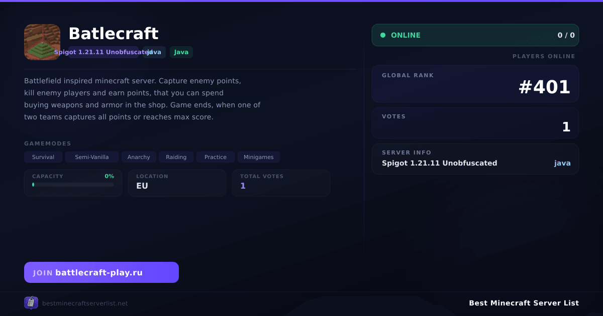 Batlecraft Server IP — Spigot 1.21.11 Unobfuscated Java Minecraft ...