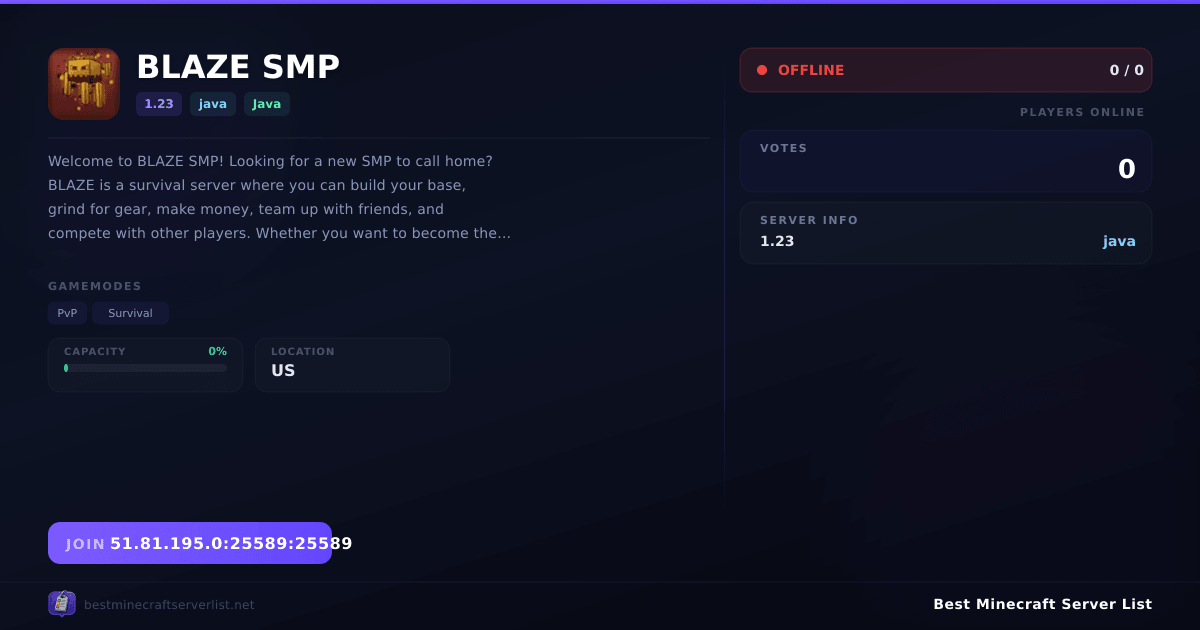 BLAZE SMP (51.81.195.0:25589:25589) | Best Minecraft Server List