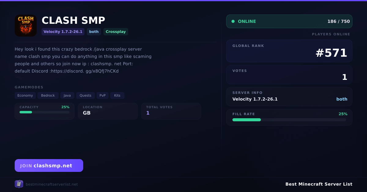 CLASH SMP - Server IP, Reviews and Vote Link | Best Minecraft Server List