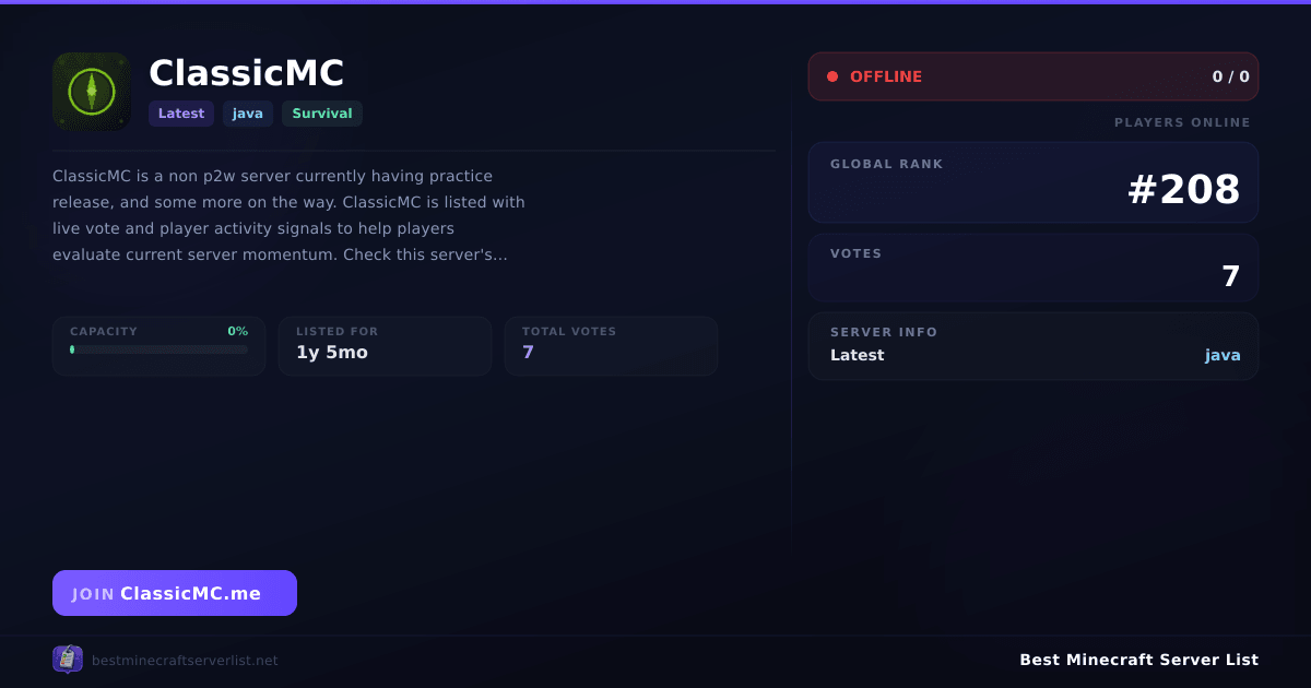 ClassicMC Server IP — Latest Survival Minecraft Server | Reviews & Vote