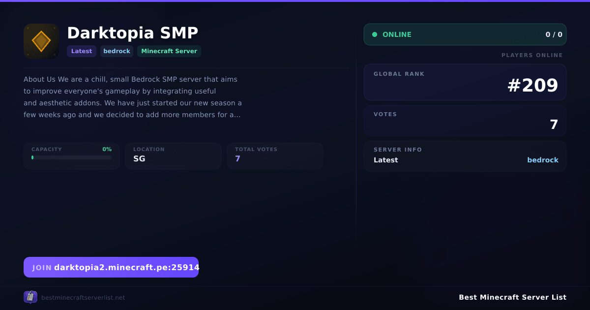 Darktopia SMP Server IP — Latest Survival Minecraft Server | Reviews & Vote