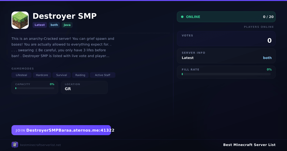 Destroyer SMP - Server IP, Reviews and Vote Link | Best Minecraft ...