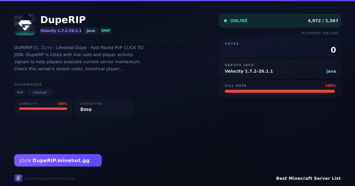 DupeRIP Server IP — 26.1.1+ SMP Minecraft Server | Reviews & Vote