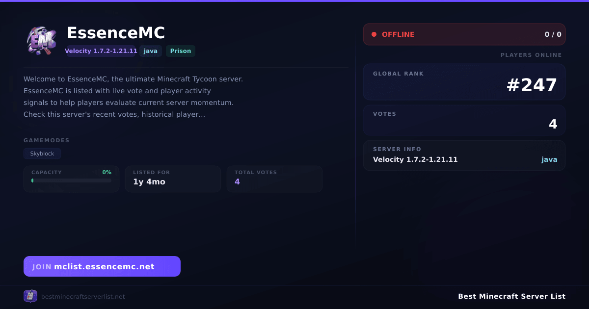 EssenceMC - Server IP, Reviews and Vote Link | Best Minecraft Server List