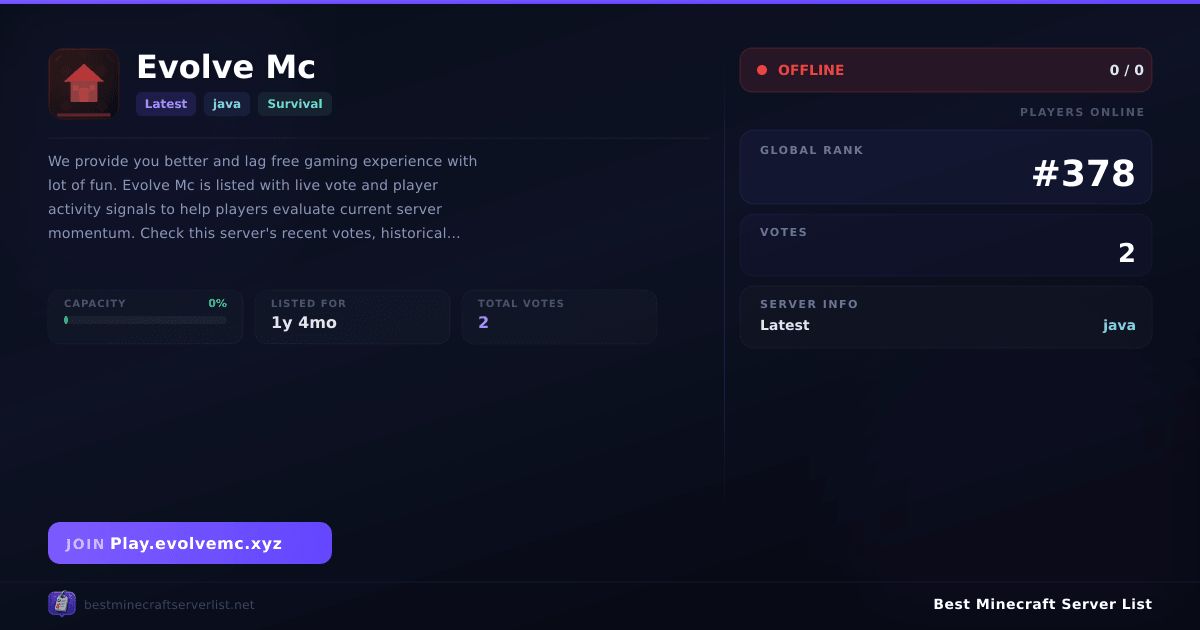 Evolve Mc - Server IP, Reviews and Vote Link | Best Minecraft Server List