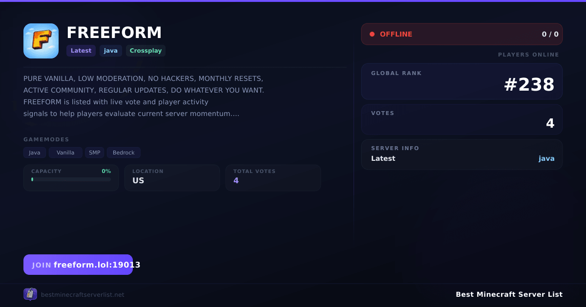 FREEFORM - Server IP, Reviews and Vote Link | Best Minecraft Server List