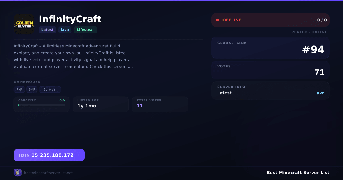 InfinityCraft (15.235.180.172) | Best Minecraft Server List