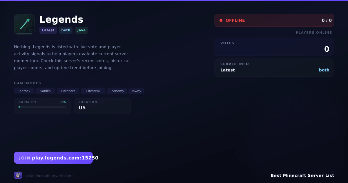 Legends - Server IP, Reviews and Vote Link | Best Minecraft Server List