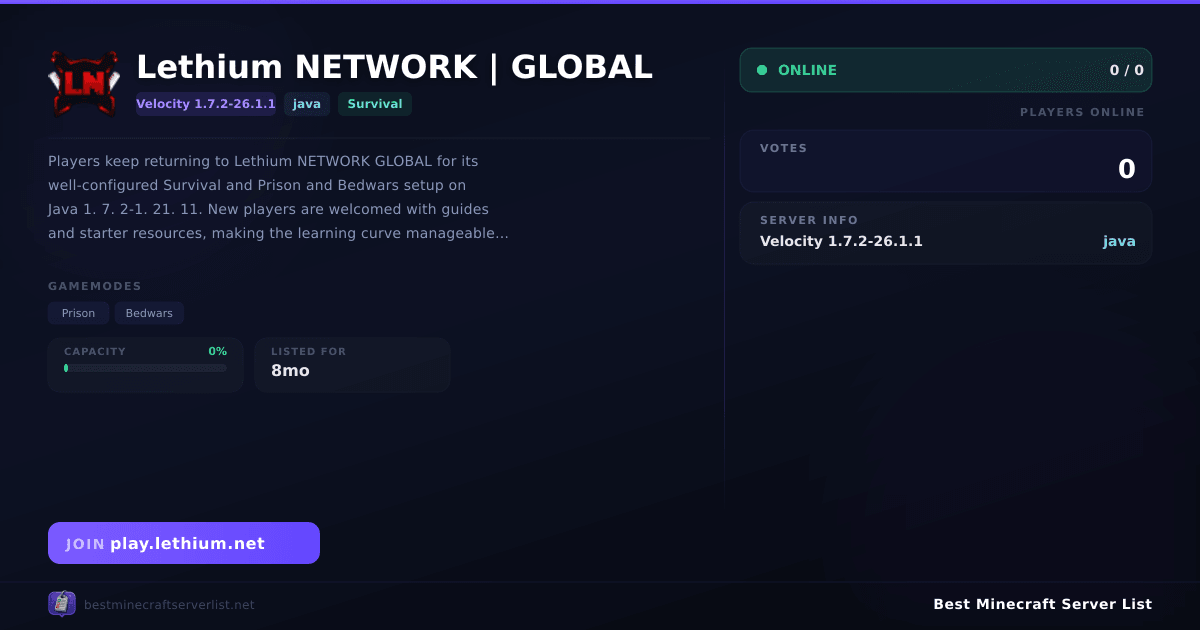 Lethium NETWORK | GLOBAL Server IP & Votes | Best Minecraft Server List