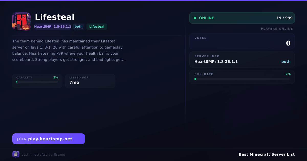 Lifesteal - Server IP, Reviews and Vote Link | Best Minecraft Server List