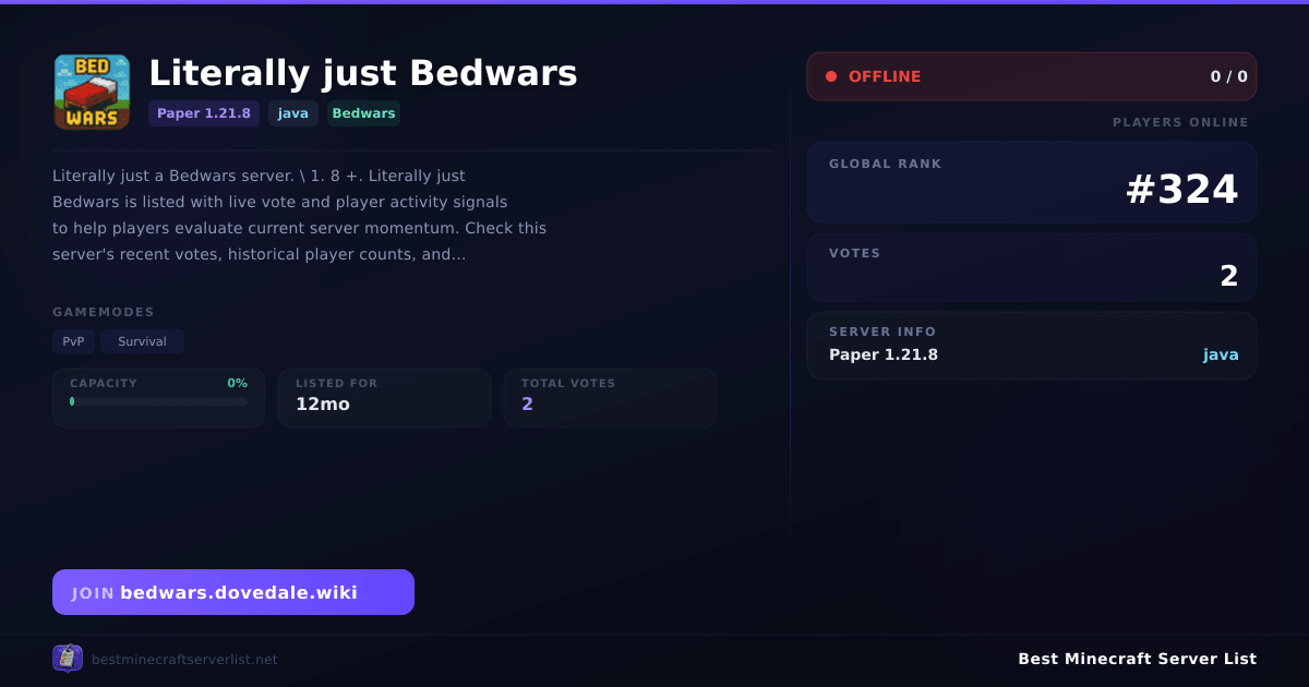 Literally just Bedwars - Server IP, Reviews and Vote Link | Best ...