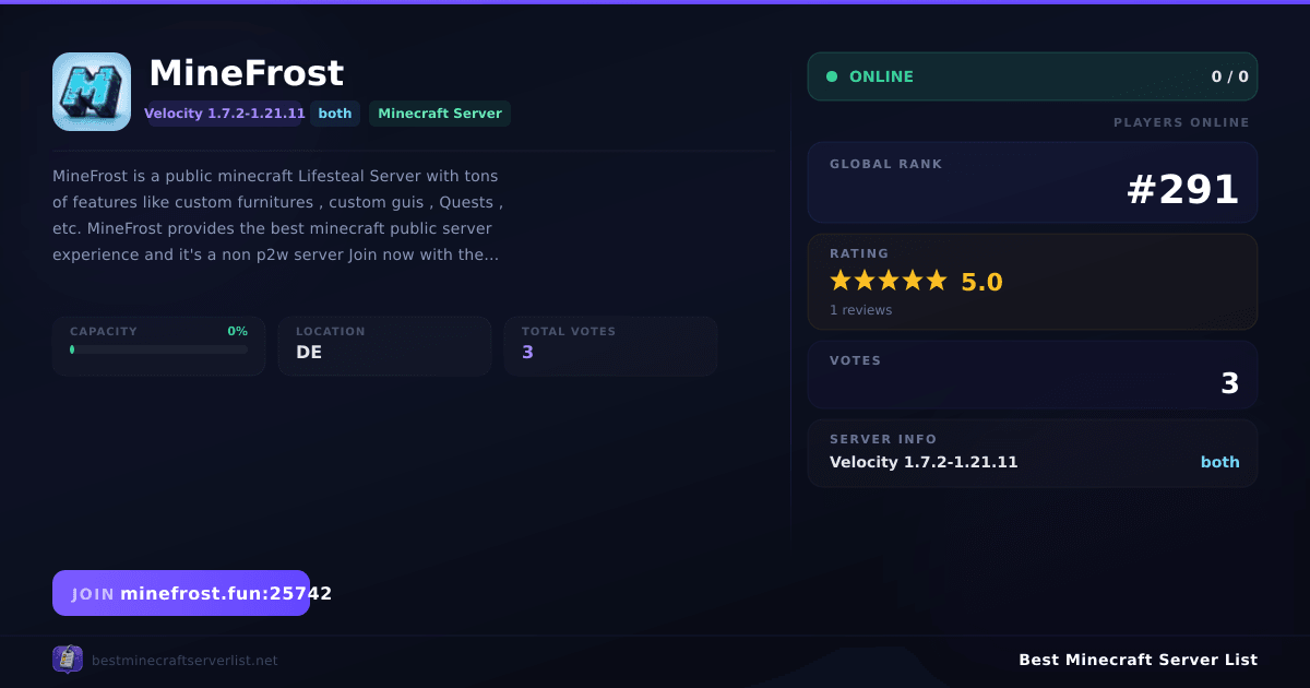 MineFrost Server IP — 1.21.11+ Survival Minecraft Server | Reviews & Vote