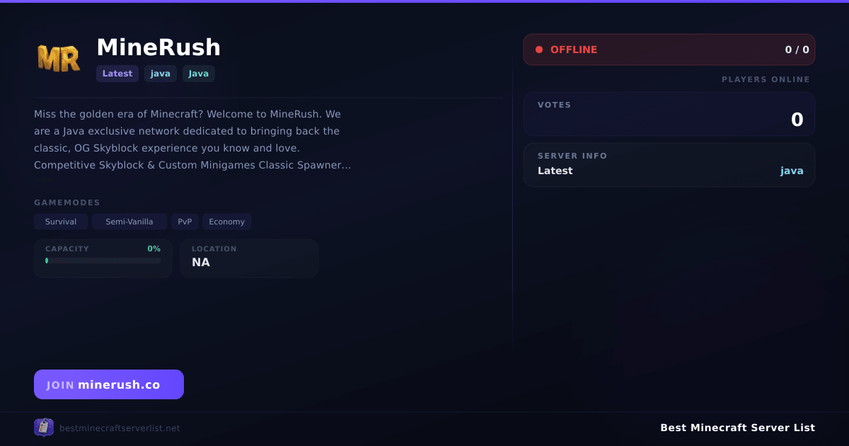 MineRush Server IP — Latest Java Minecraft Server | Reviews & Vote