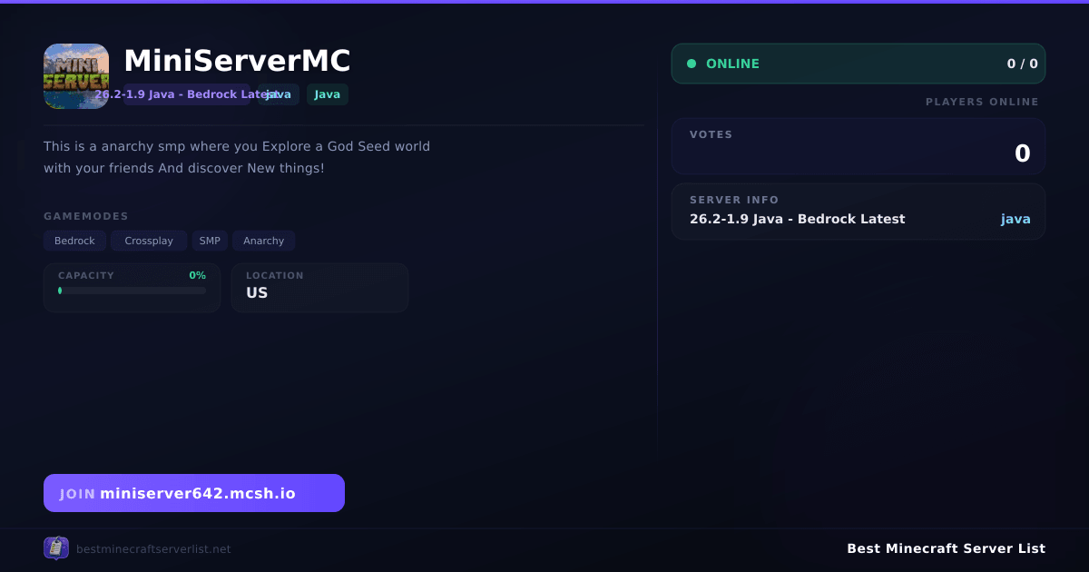 MiniServerMC (miniserver642.mcsh.io) | Best Minecraft Server List