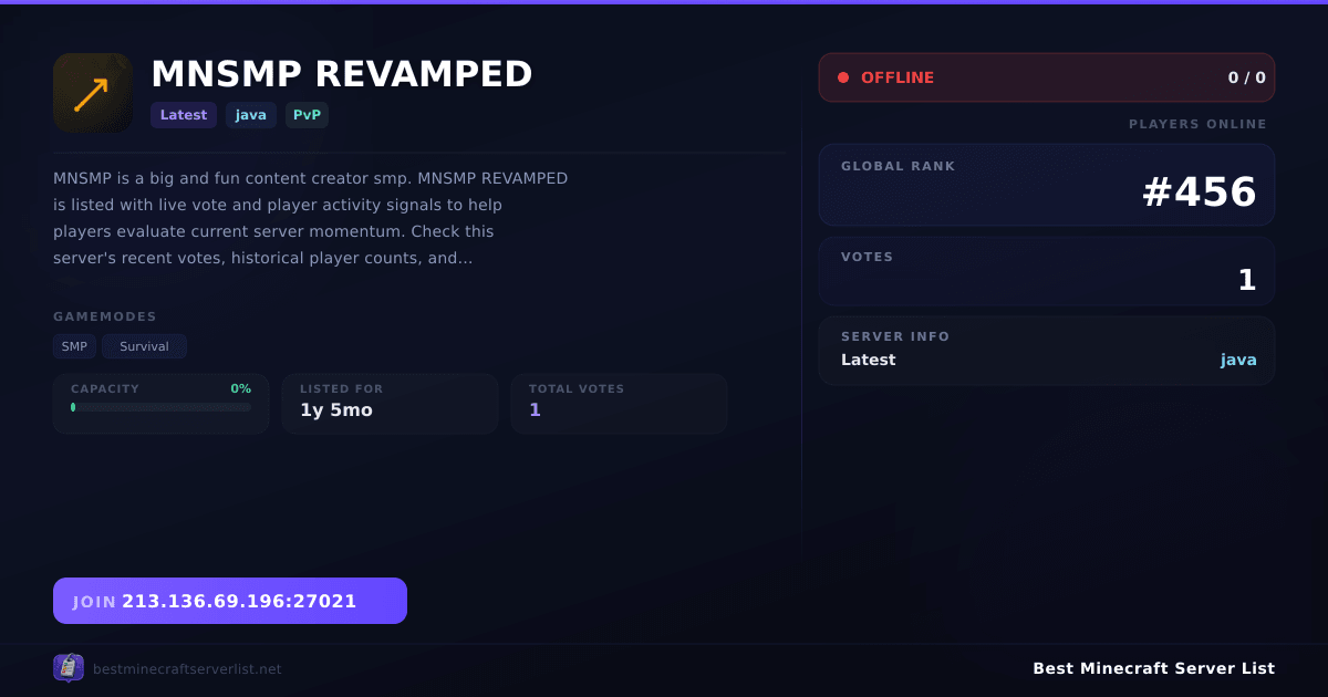 MNSMP REVAMPED Server IP — Latest PvP Minecraft Server | Reviews & Vote