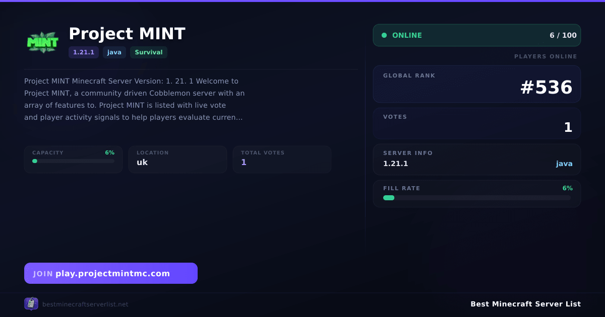 Project MINT Server IP — 1.21.1 Survival Minecraft Server | Reviews & Vote