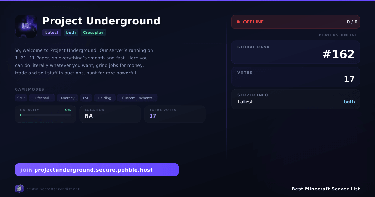 Project Underground Server IP & Votes | Best Minecraft Server List