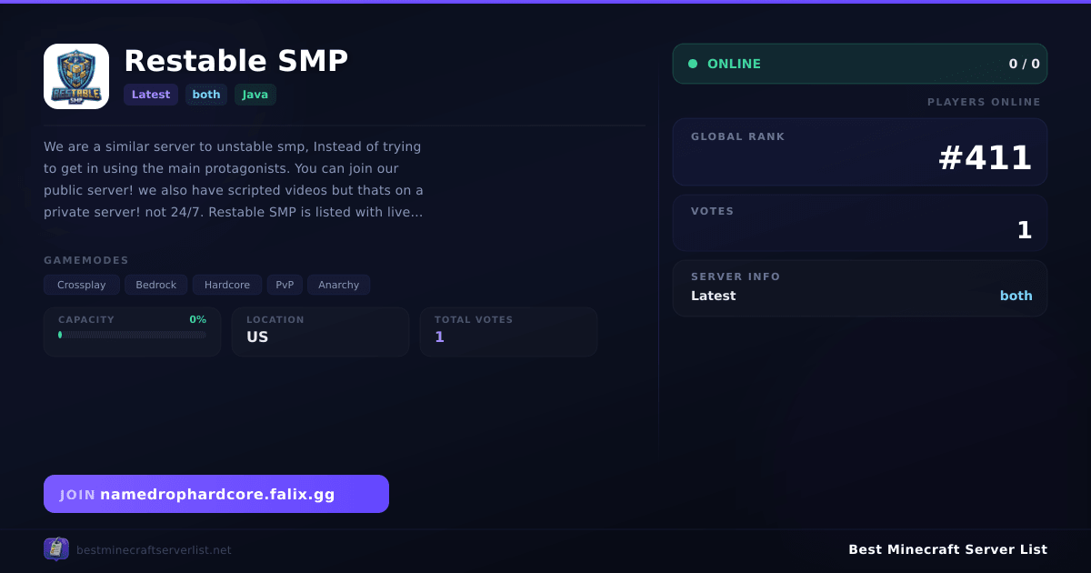 Restable SMP Server IP — Latest Hardcore Minecraft Server | Reviews & Vote