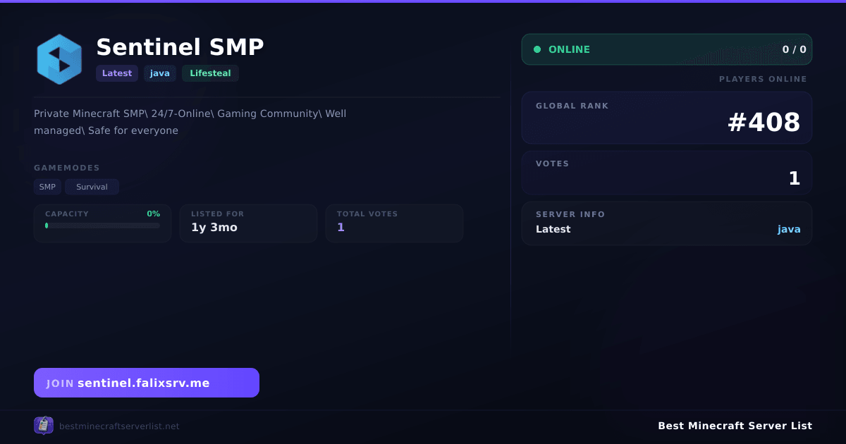 Sentinel SMP (sentinel.falixsrv.me) | Best Minecraft Server List