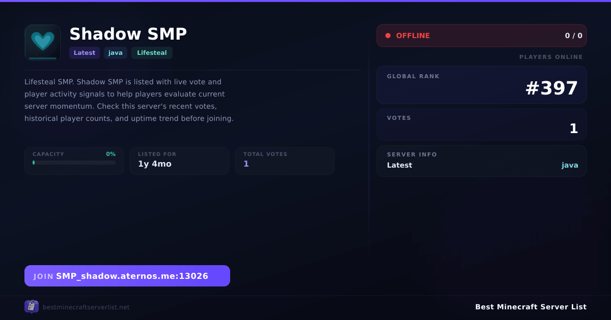 Shadow SMP Server IP & Votes | Best Minecraft Server List