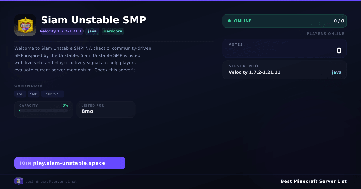 Siam Unstable SMP Server IP & Votes | Best Minecraft Server List