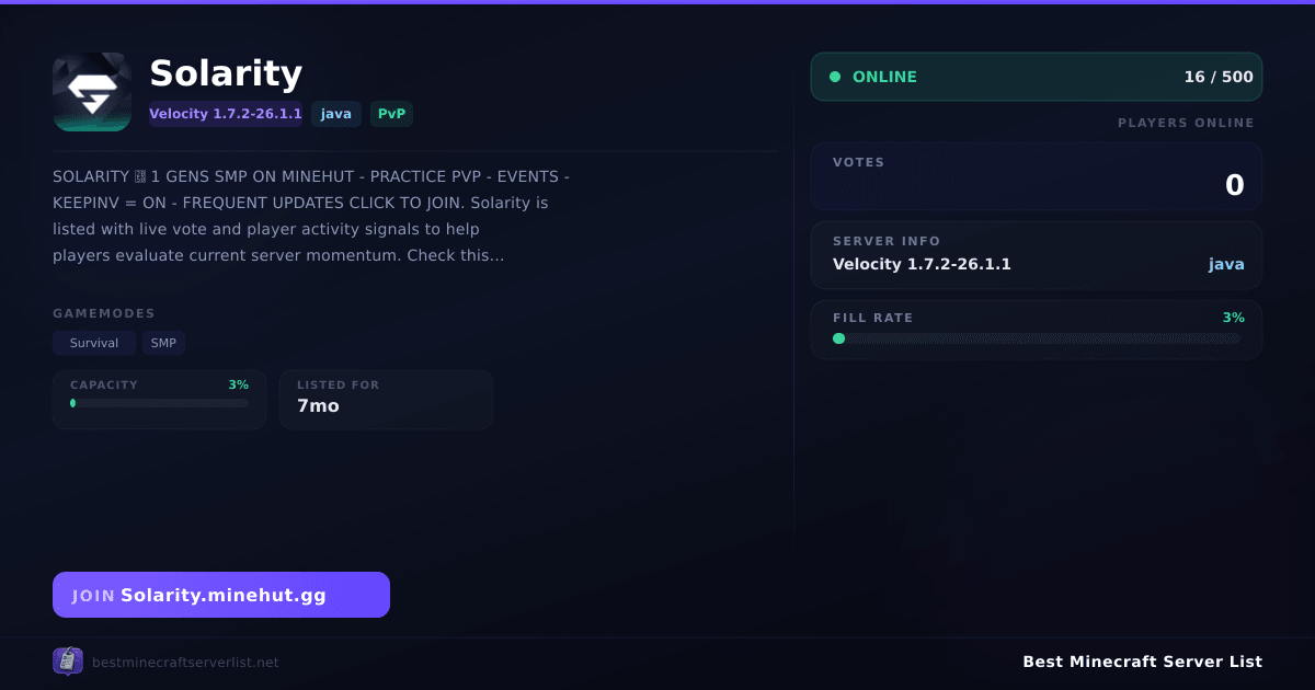Solarity - Server IP, Reviews and Vote Link | Best Minecraft Server List
