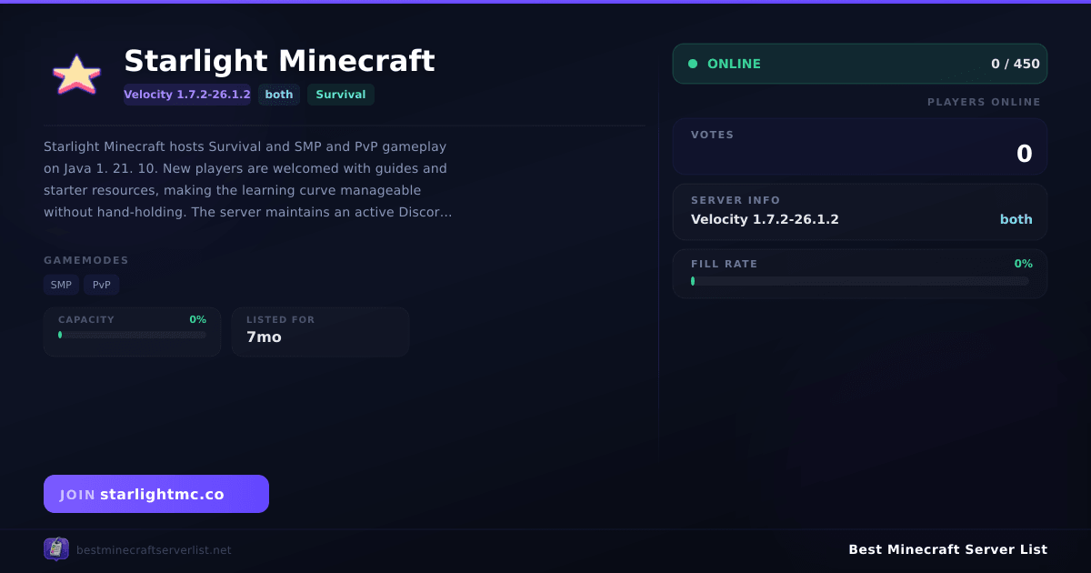 Starlight Minecraft - Server IP, Reviews and Vote Link | Best Minecraft ...