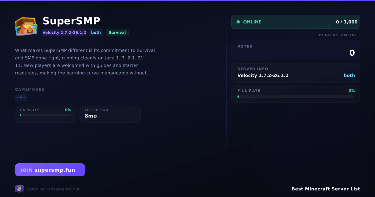 SuperSMP Server IP — 26.1.2+ Survival Minecraft Server | Reviews & Vote
