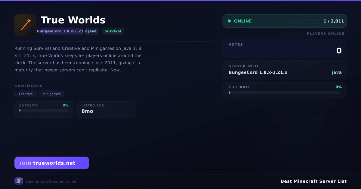 True Worlds - Server IP, Reviews and Vote Link | Best Minecraft Server List