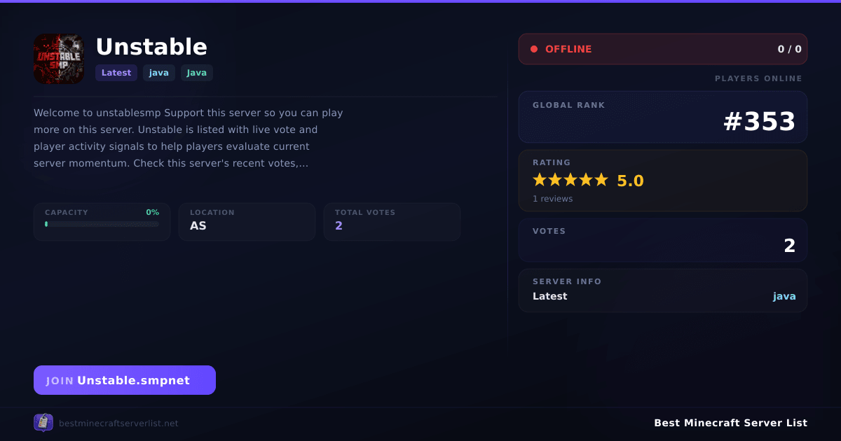 Unstable Server IP — Latest Java Minecraft Server | Reviews & Vote