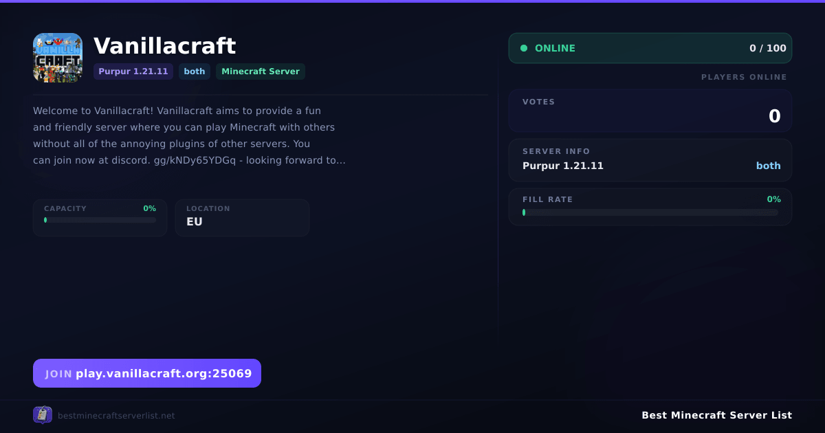 Vanillacraft Server IP — Purpur 1.21.11 Survival Minecraft Server ...