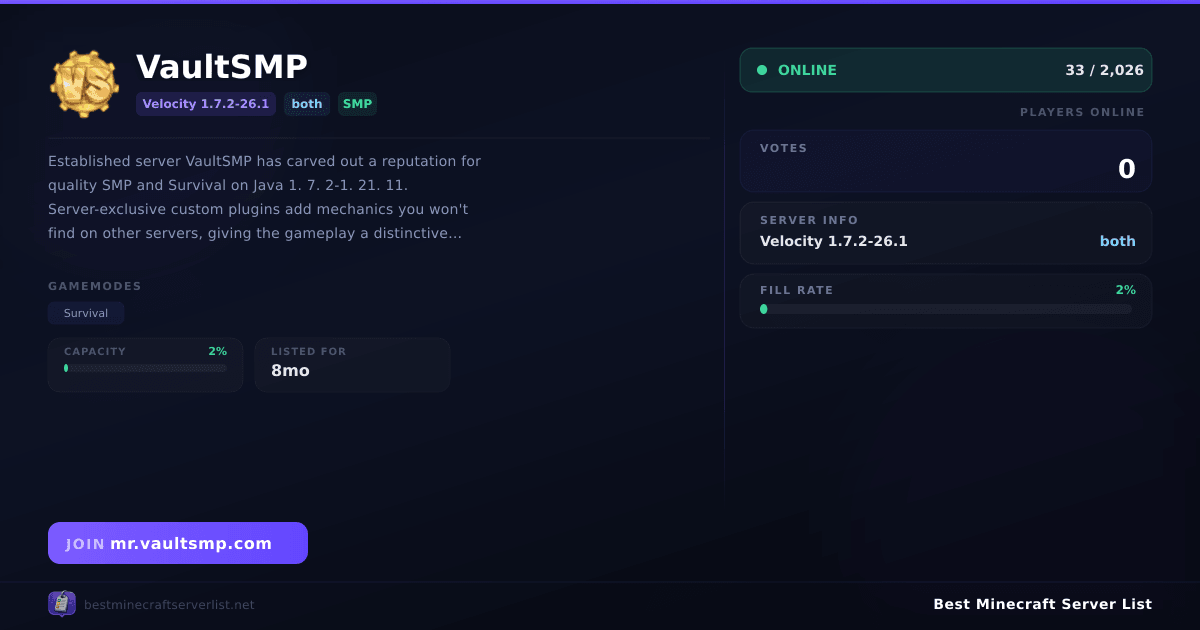 VaultSMP Server IP — 26.1+ SMP Minecraft Server | Reviews & Vote