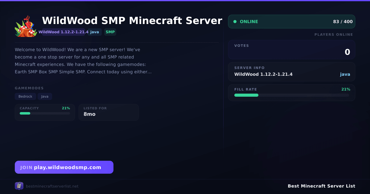 WildWood SMP Minecraft Server Server IP & Votes | Best Minecraft Server ...
